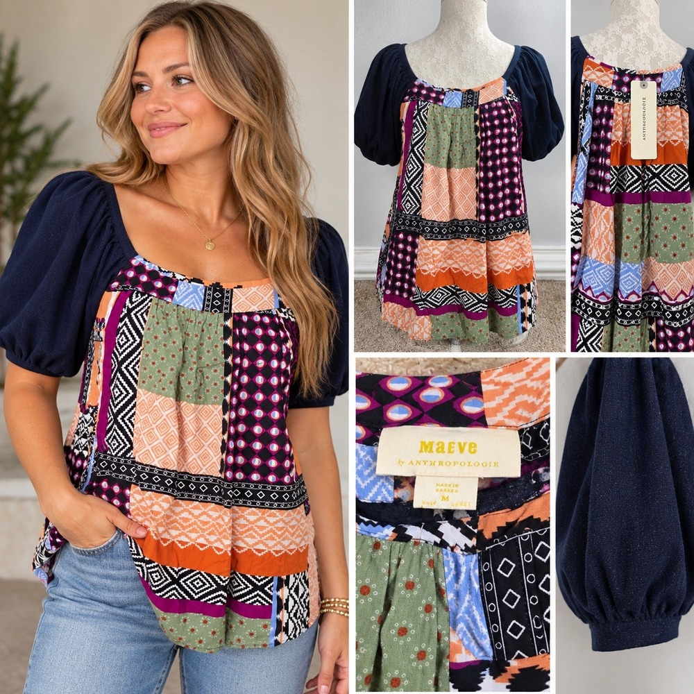 Maeve Top Patchwork Mixed Print Navy Puff Sleeve Boho Medium